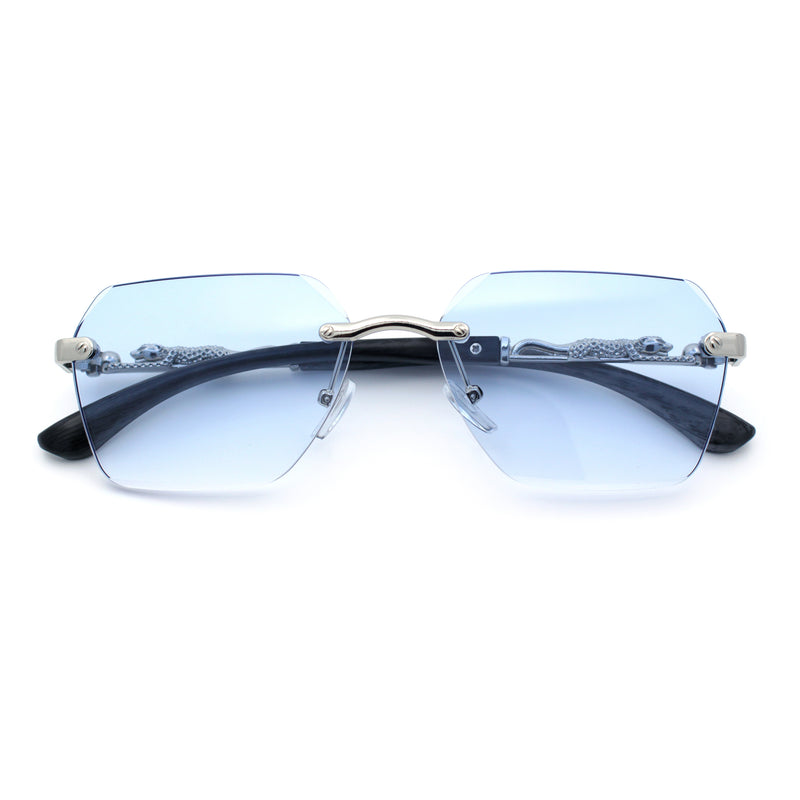 Luxury Rimless Beveled Rectangle Lens Jaguar Metal Figurine Arm Sunglasses