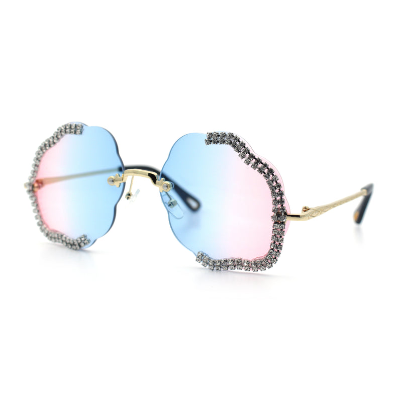 Womens Bling Rhinestone Jewel Rimless Cloud Shape Luxury Sunglasses