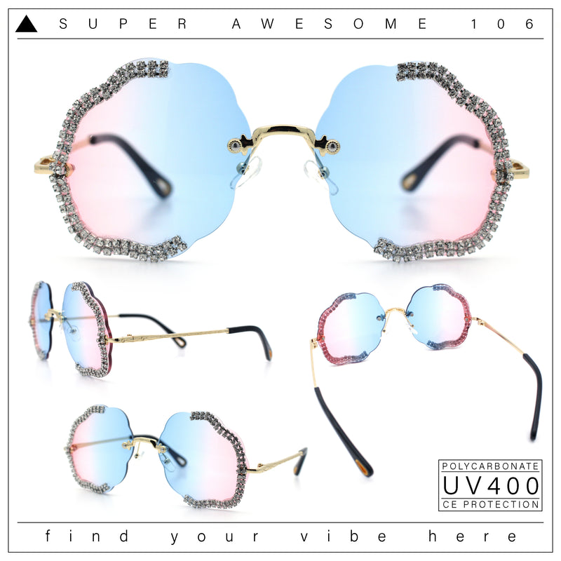 Womens Bling Rhinestone Jewel Rimless Cloud Shape Luxury Sunglasses