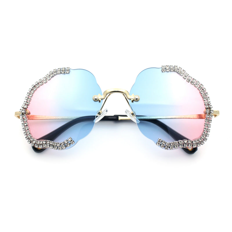 Womens Bling Rhinestone Jewel Rimless Cloud Shape Luxury Sunglasses