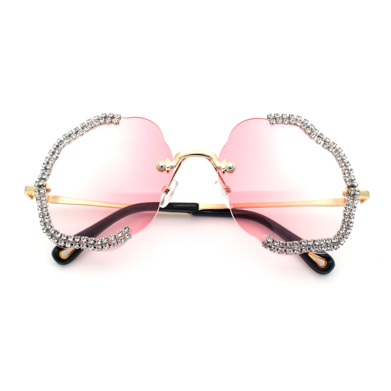 Womens Bling Rhinestone Jewel Rimless Cloud Shape Luxury Sunglasses