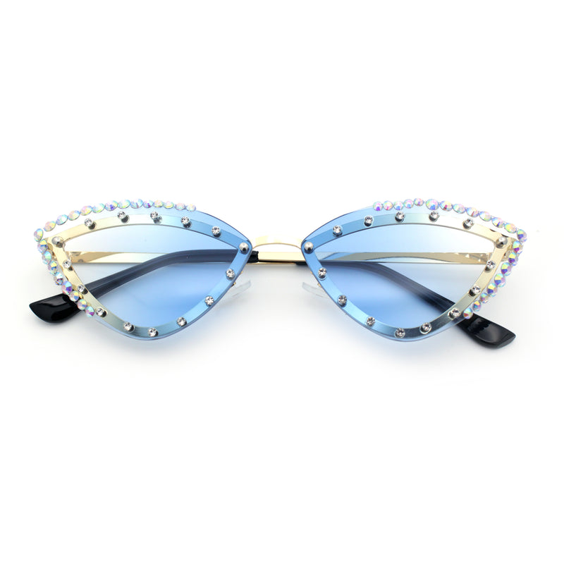 Womens Bling Rhinestone Rimless Cat Eye Metal Rim Luxury Sunglasses