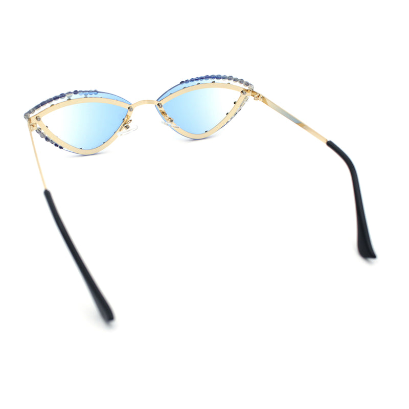 Womens Bling Rhinestone Rimless Cat Eye Metal Rim Luxury Sunglasses