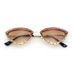 Womens Bling Rhinestone Rimless Cat Eye Metal Rim Luxury Sunglasses