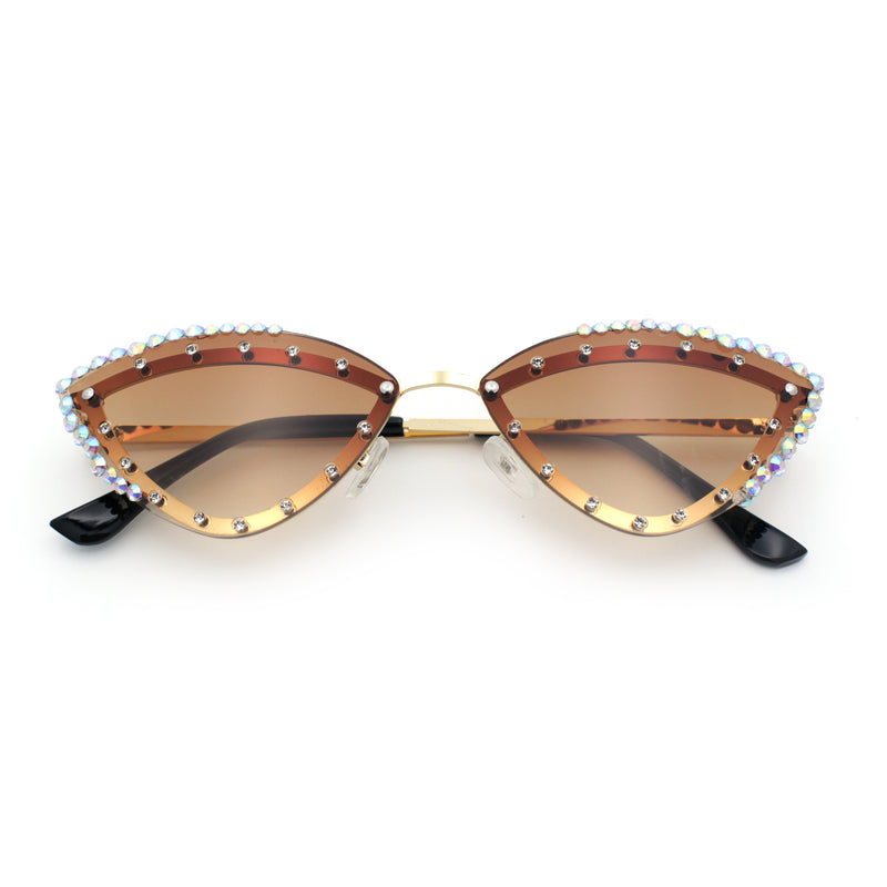 Womens Bling Rhinestone Rimless Cat Eye Metal Rim Luxury Sunglasses