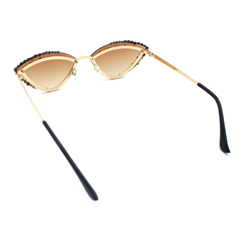 Womens Bling Rhinestone Rimless Cat Eye Metal Rim Luxury Sunglasses