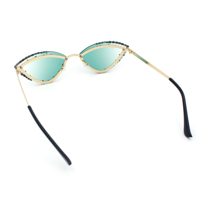 Womens Bling Rhinestone Rimless Cat Eye Metal Rim Luxury Sunglasses