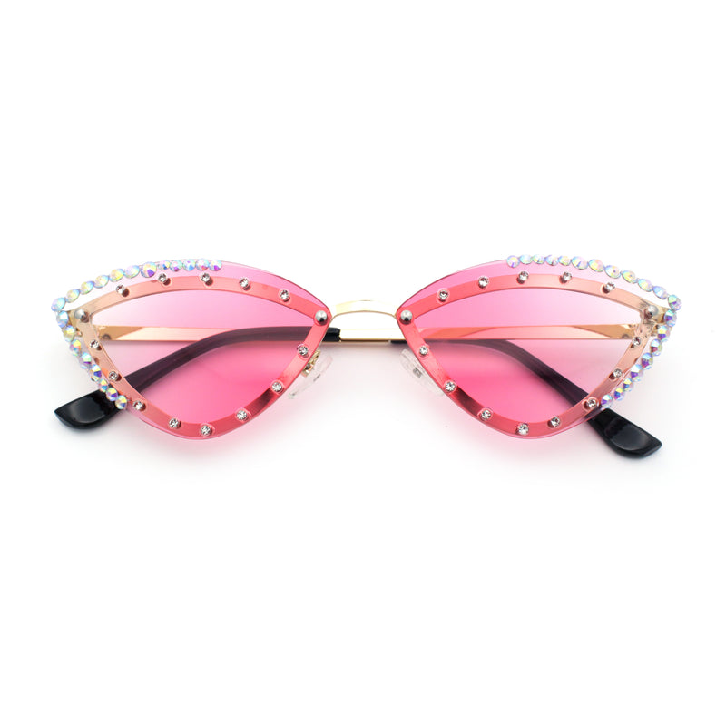 Womens Bling Rhinestone Rimless Cat Eye Metal Rim Luxury Sunglasses