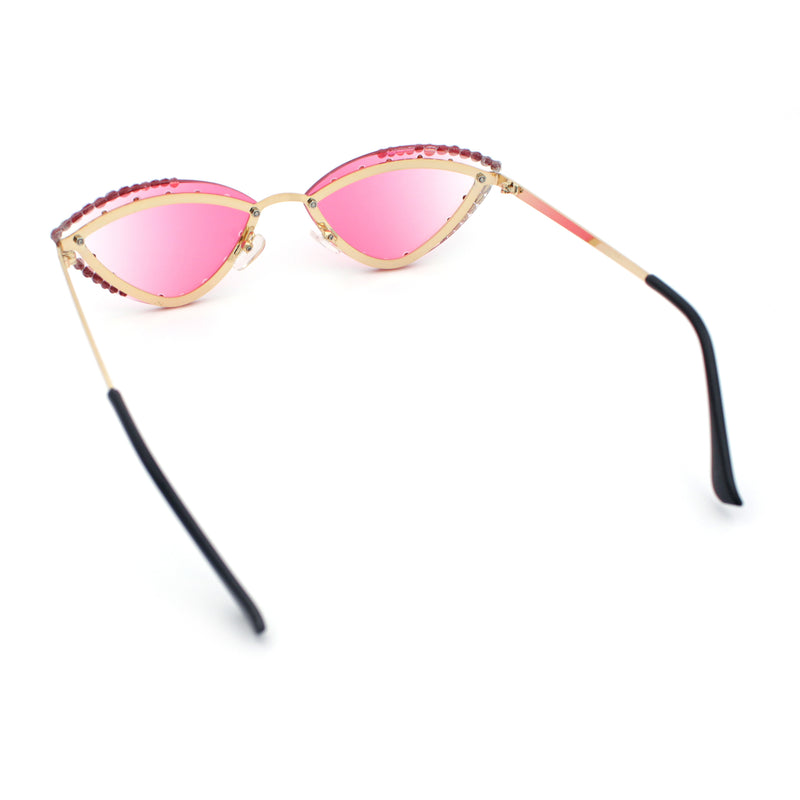Womens Bling Rhinestone Rimless Cat Eye Metal Rim Luxury Sunglasses
