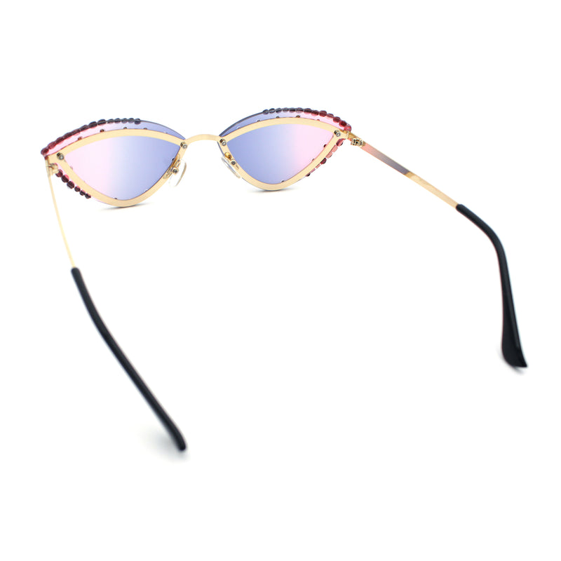 Womens Bling Rhinestone Rimless Cat Eye Metal Rim Luxury Sunglasses