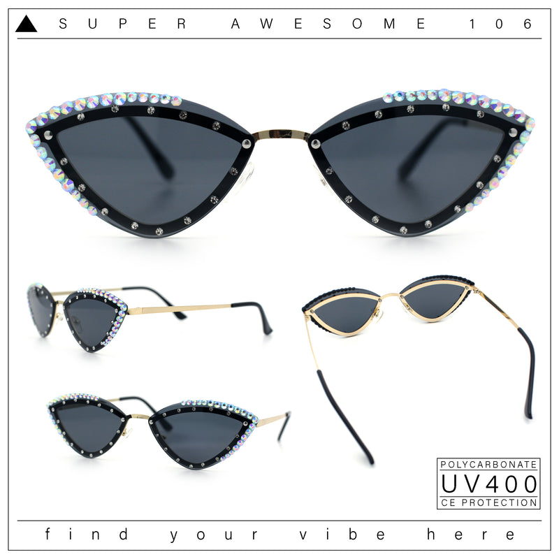 Womens Bling Rhinestone Rimless Cat Eye Metal Rim Luxury Sunglasses