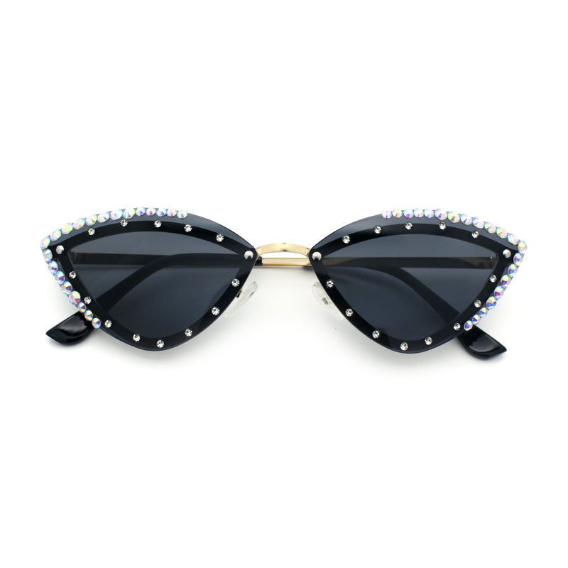 Womens Bling Rhinestone Rimless Cat Eye Metal Rim Luxury Sunglasses