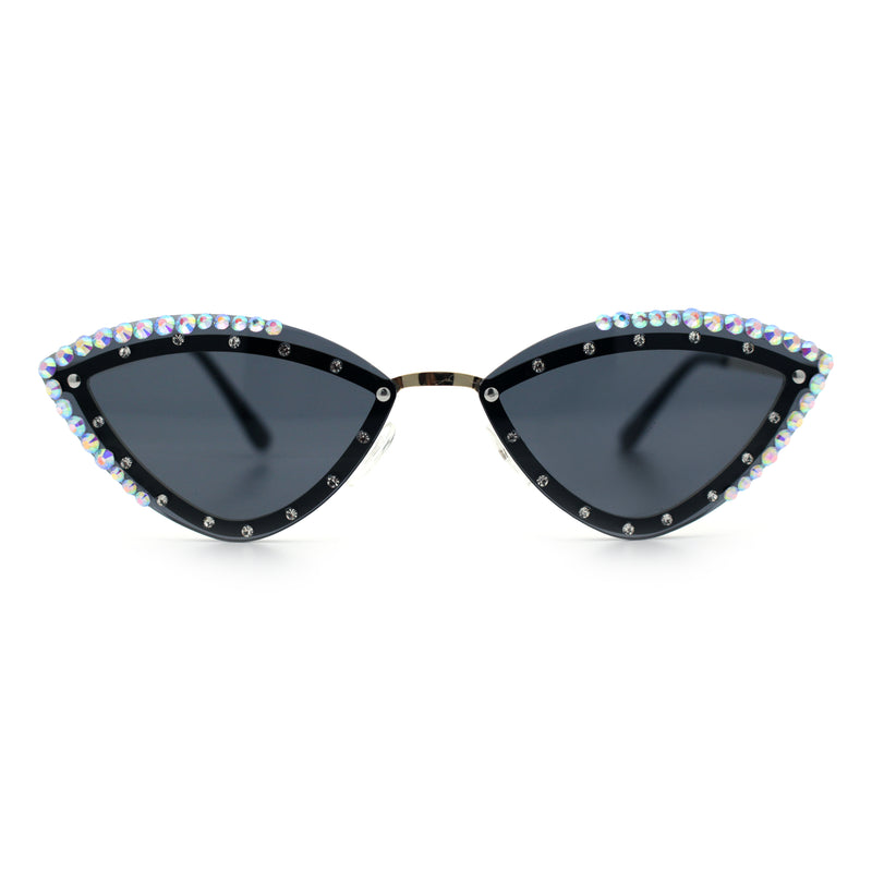 Womens Bling Rhinestone Rimless Cat Eye Metal Rim Luxury Sunglasses