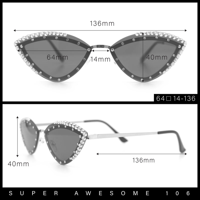 Womens Bling Rhinestone Rimless Cat Eye Metal Rim Luxury Sunglasses