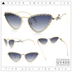 Womens Iced Out Bling Rhinestone Cat Eye Metal Rim Star Arm Sunglasses