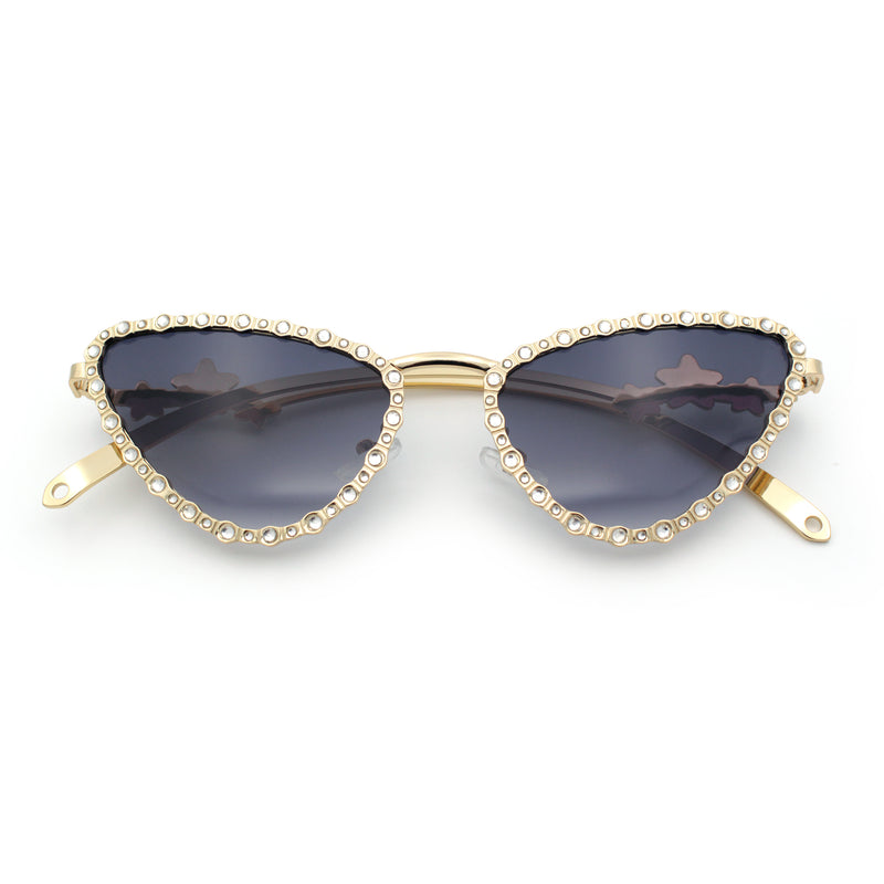 Womens Iced Out Bling Rhinestone Cat Eye Metal Rim Star Arm Sunglasses