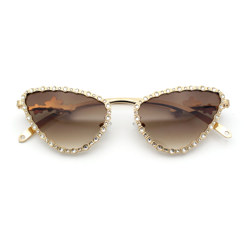 Womens Iced Out Bling Rhinestone Cat Eye Metal Rim Star Arm Sunglasses