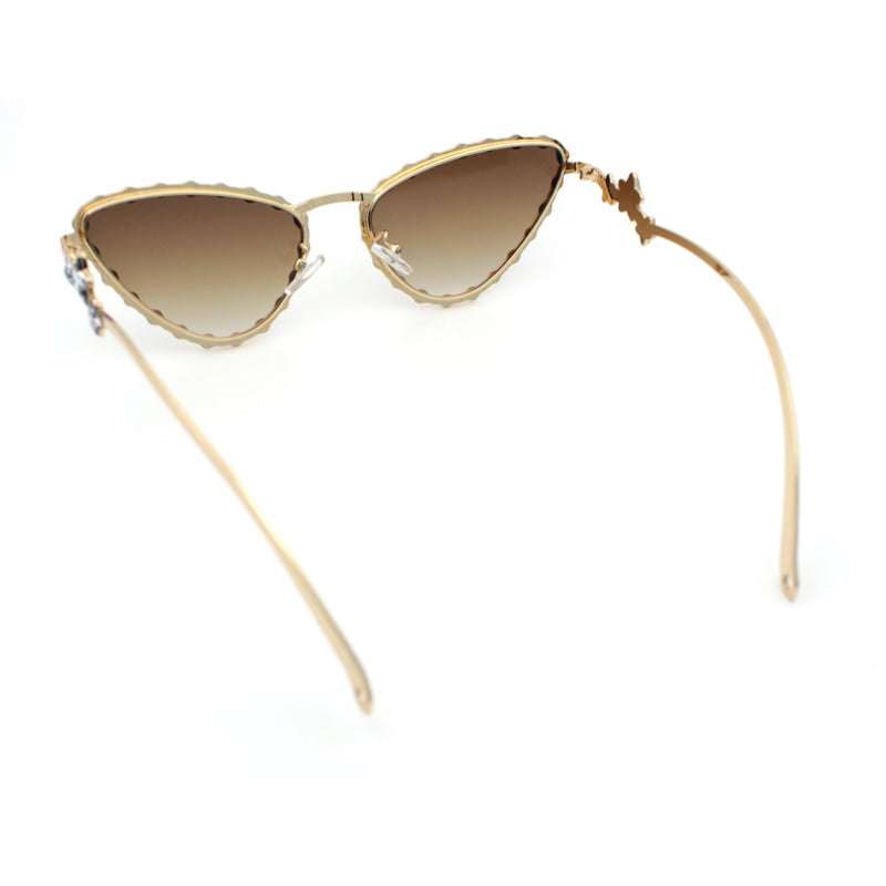 Womens Iced Out Bling Rhinestone Cat Eye Metal Rim Star Arm Sunglasses