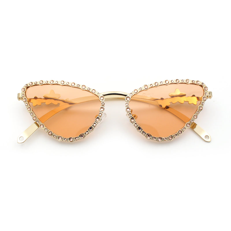 Womens Iced Out Bling Rhinestone Cat Eye Metal Rim Star Arm Sunglasses