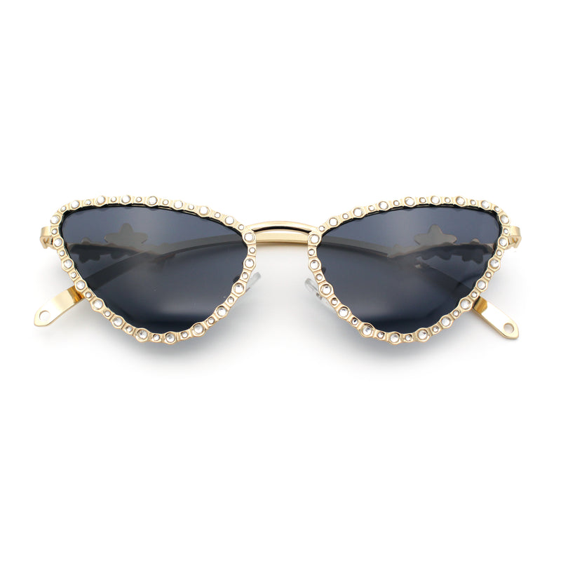 Womens Iced Out Bling Rhinestone Cat Eye Metal Rim Star Arm Sunglasses
