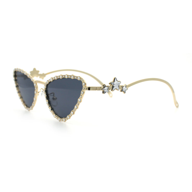 Womens Iced Out Bling Rhinestone Cat Eye Metal Rim Star Arm Sunglasses