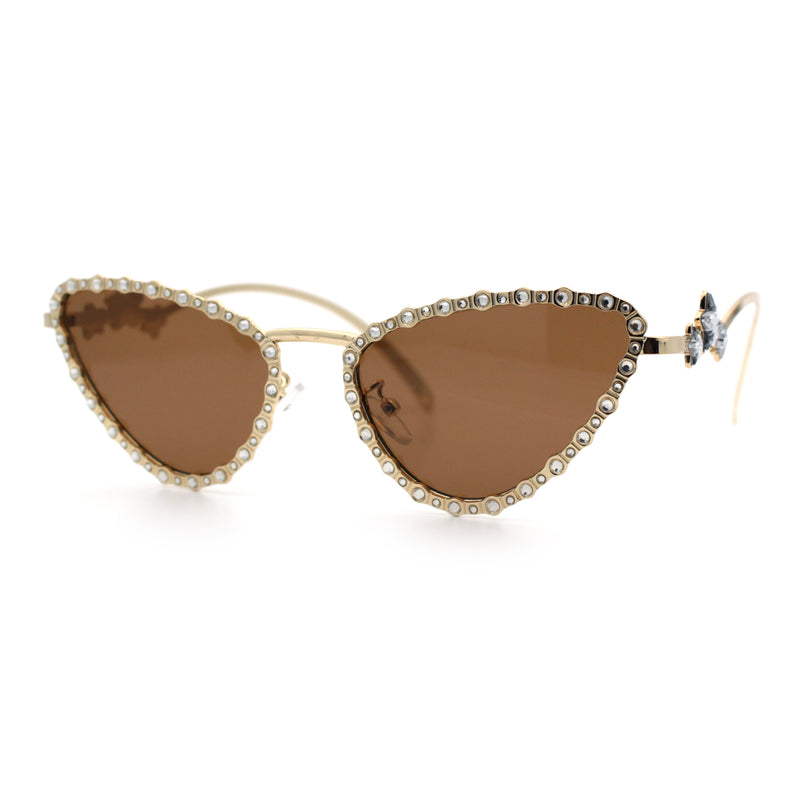 Womens Iced Out Bling Rhinestone Cat Eye Metal Rim Star Arm Sunglasses