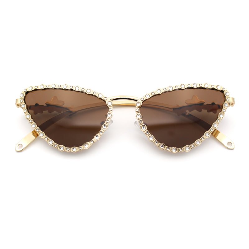 Womens Iced Out Bling Rhinestone Cat Eye Metal Rim Star Arm Sunglasses