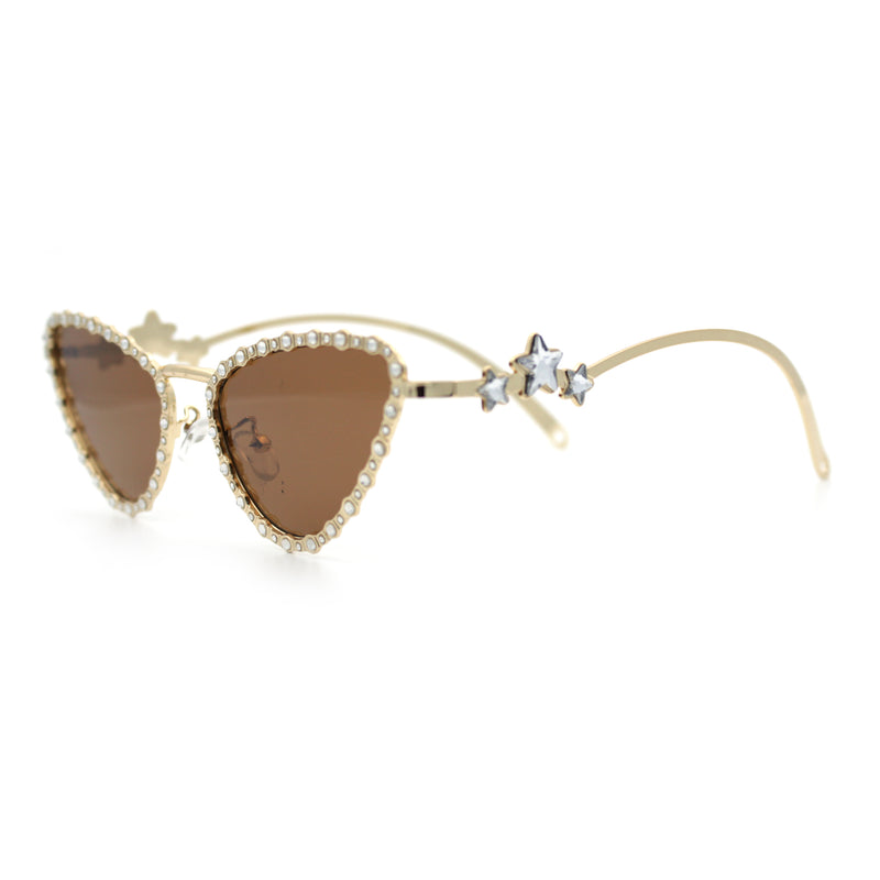 Womens Iced Out Bling Rhinestone Cat Eye Metal Rim Star Arm Sunglasses