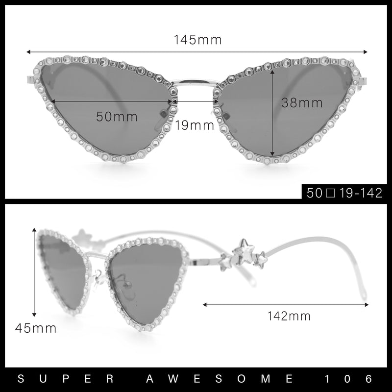 Womens Iced Out Bling Rhinestone Cat Eye Metal Rim Star Arm Sunglasses