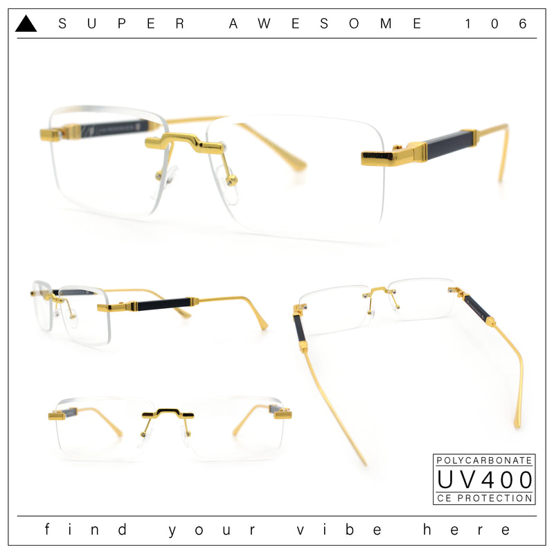 Mens Hustler Rimless Narrow Rectangle Metal Rim Fashion Eyeglasses