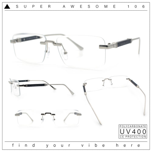 Mens Hustler Rimless Narrow Rectangle Metal Rim Fashion Eyeglasses