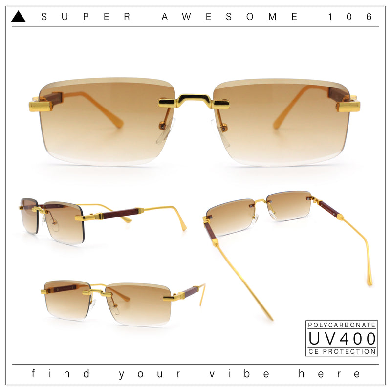Luxury Beveled Lens Rich Art Retro Rimless Gangster Narrow Rectangle Sunglasses