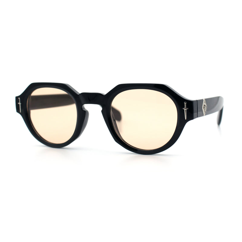 Round Keyhole Bridge Vintage Horn Rim Dagger and Shield Logo Sunglasses