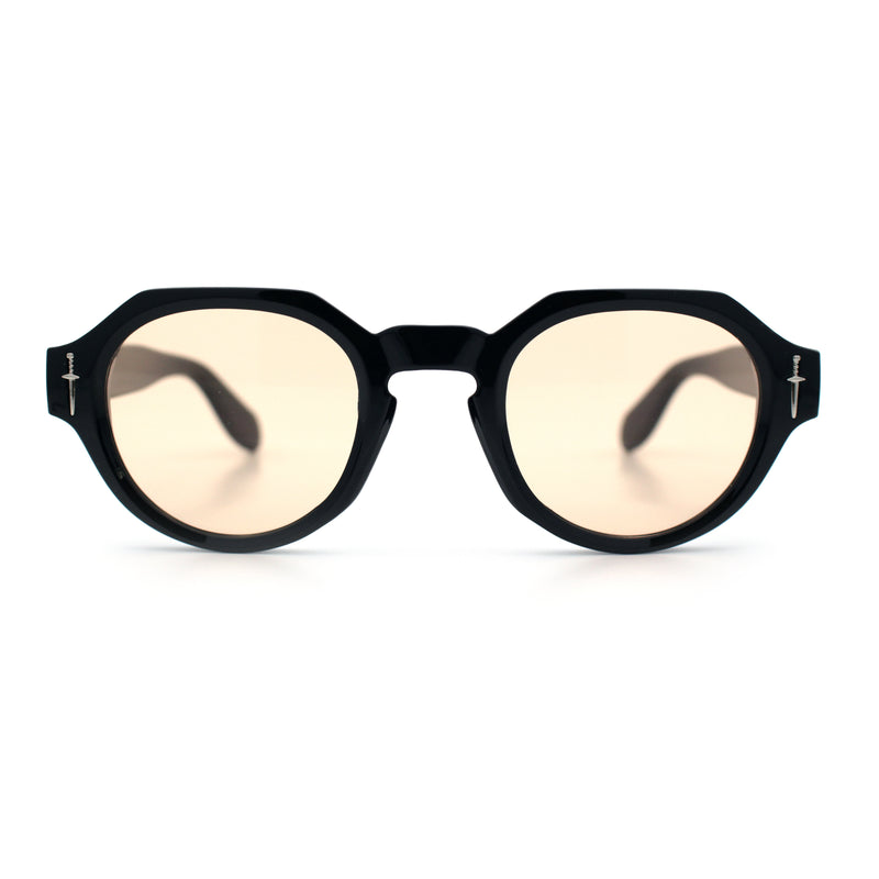 Round Keyhole Bridge Vintage Horn Rim Dagger and Shield Logo Sunglasses