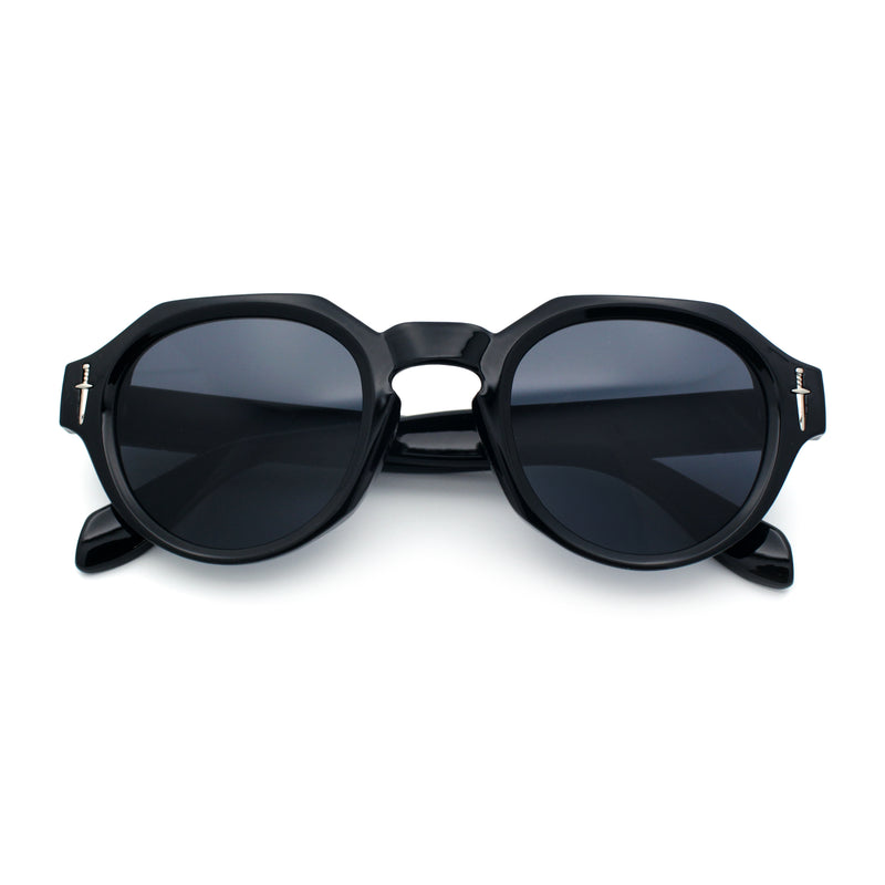 Round Keyhole Bridge Vintage Horn Rim Dagger and Shield Logo Sunglasses
