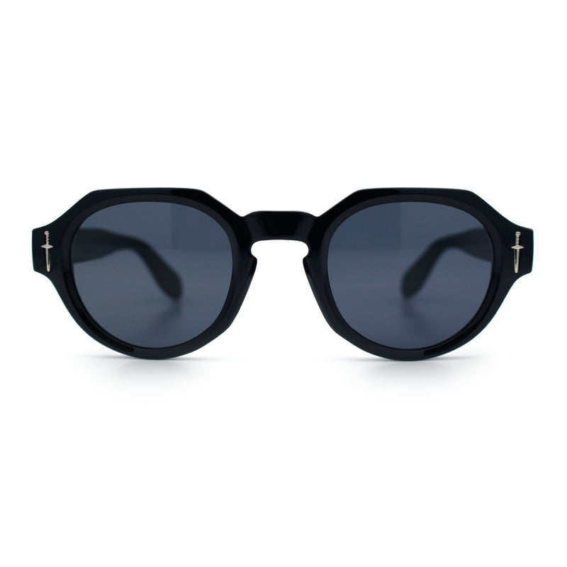Round Keyhole Bridge Vintage Horn Rim Dagger and Shield Logo Sunglasses