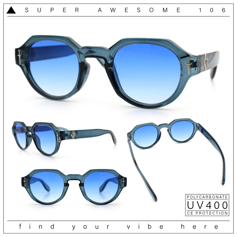 Round Keyhole Bridge Vintage Horn Rim Dagger and Shield Logo Sunglasses