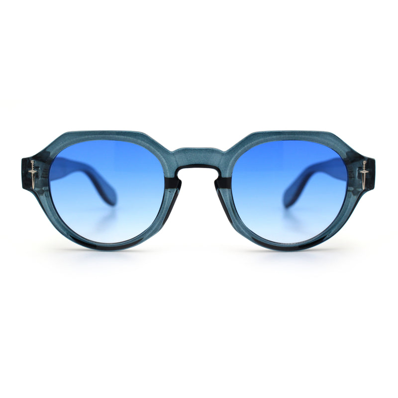 Round Keyhole Bridge Vintage Horn Rim Dagger and Shield Logo Sunglasses