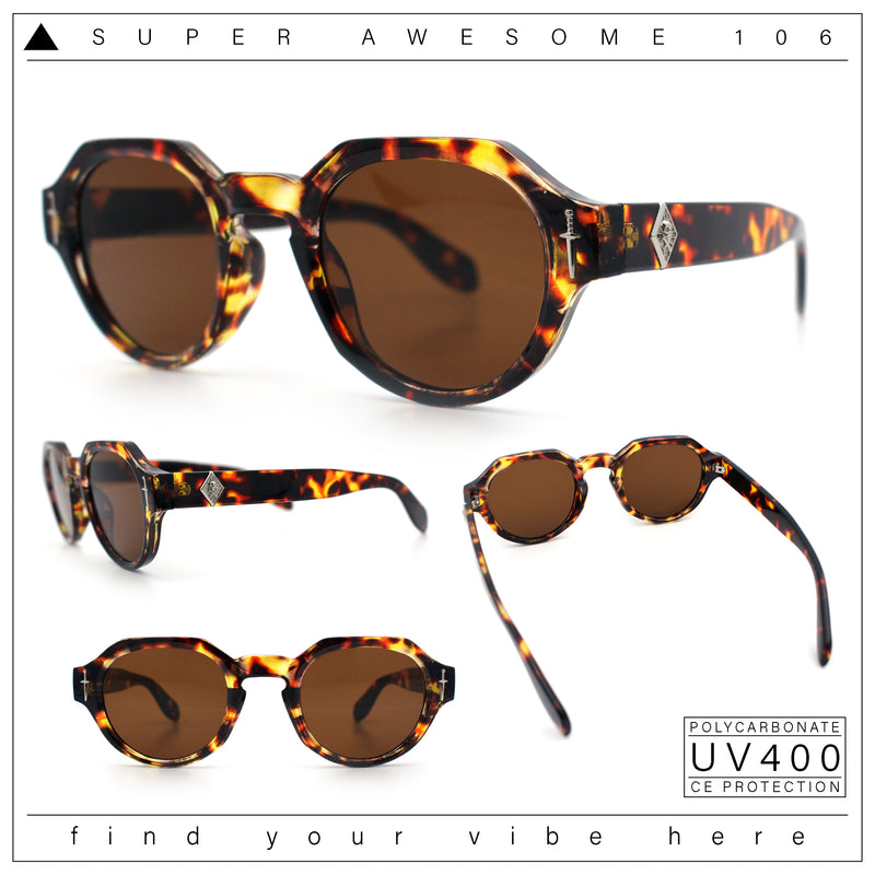 Round Keyhole Bridge Vintage Horn Rim Dagger and Shield Logo Sunglasses