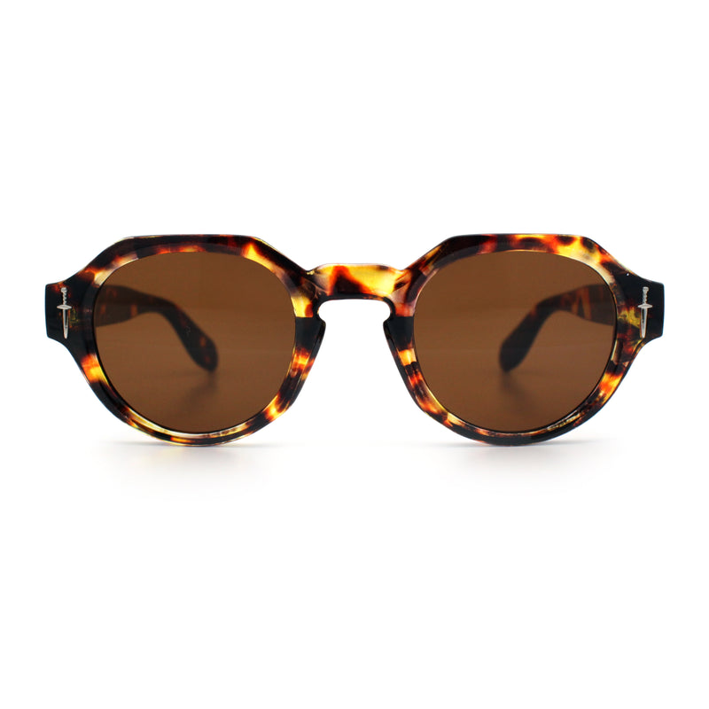 Round Keyhole Bridge Vintage Horn Rim Dagger and Shield Logo Sunglasses