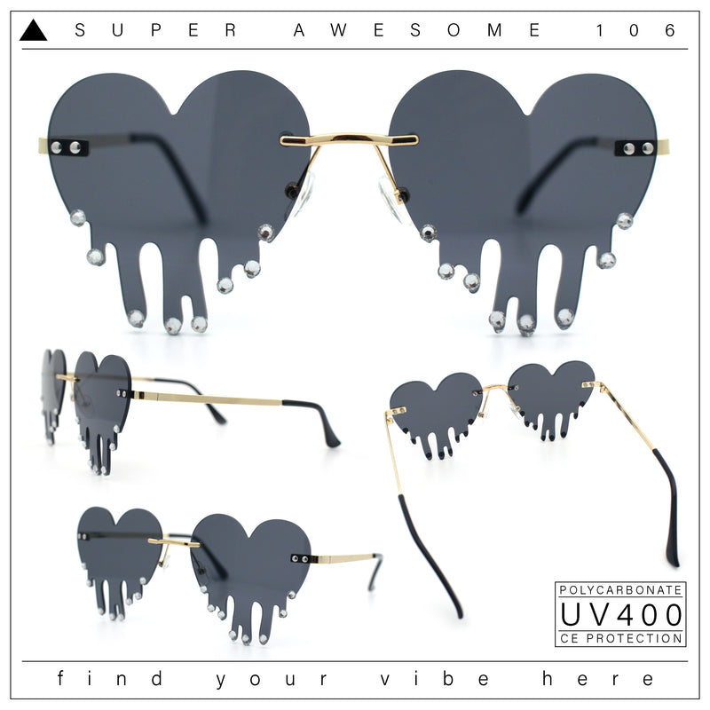 Rhinestone Studded Rimless Melting Heart Valentine Hippie Sunglasses