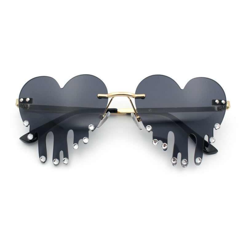 Rhinestone Studded Rimless Melting Heart Valentine Hippie Sunglasses