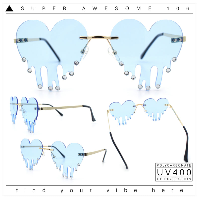Rhinestone Studded Rimless Melting Heart Valentine Hippie Sunglasses