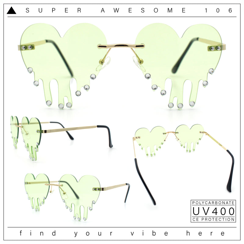 Rhinestone Studded Rimless Melting Heart Valentine Hippie Sunglasses
