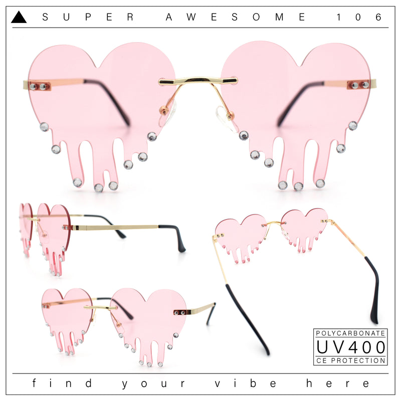 Rhinestone Studded Rimless Melting Heart Valentine Hippie Sunglasses