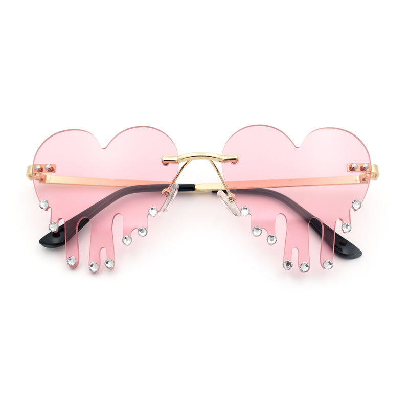 Rhinestone Studded Rimless Melting Heart Valentine Hippie Sunglasses
