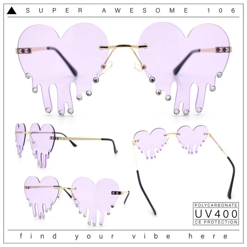 Rhinestone Studded Rimless Melting Heart Valentine Hippie Sunglasses