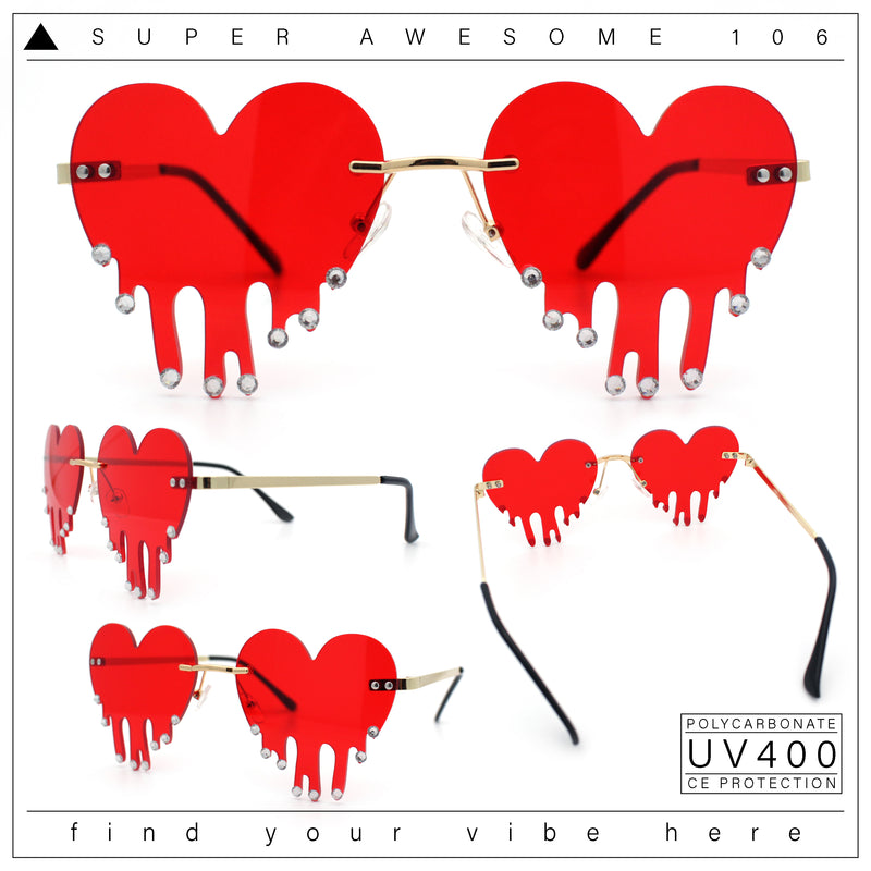 Rhinestone Studded Rimless Melting Heart Valentine Hippie Sunglasses