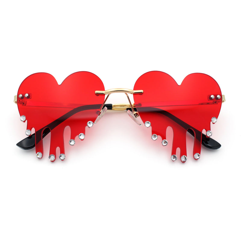 Rhinestone Studded Rimless Melting Heart Valentine Hippie Sunglasses