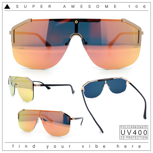 Oversized Shield Rectangular Rimless Metal Frame Racer Sunglasses